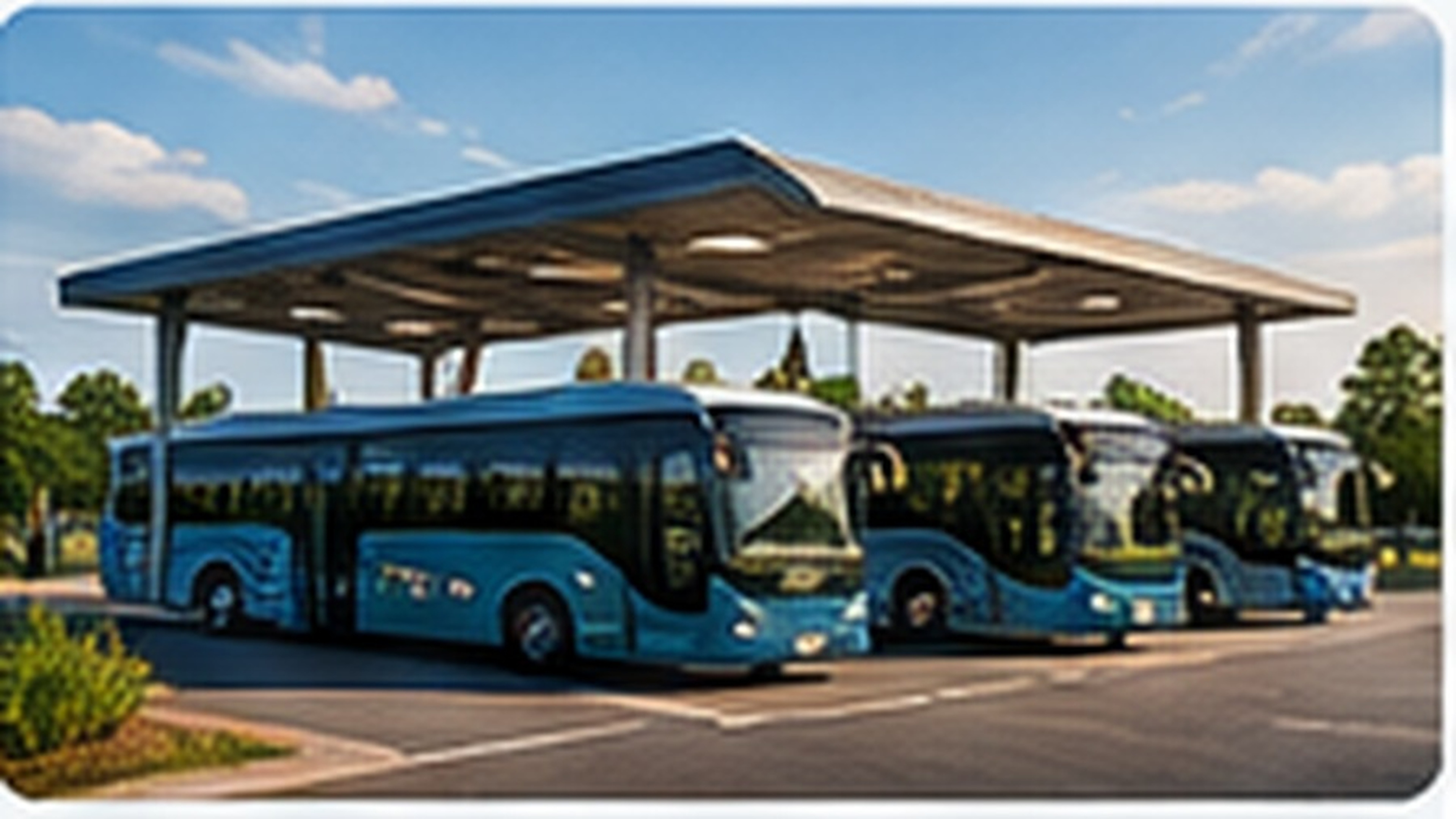 AI-generated reference of a bus depot with charging infrastructure and solar canopy