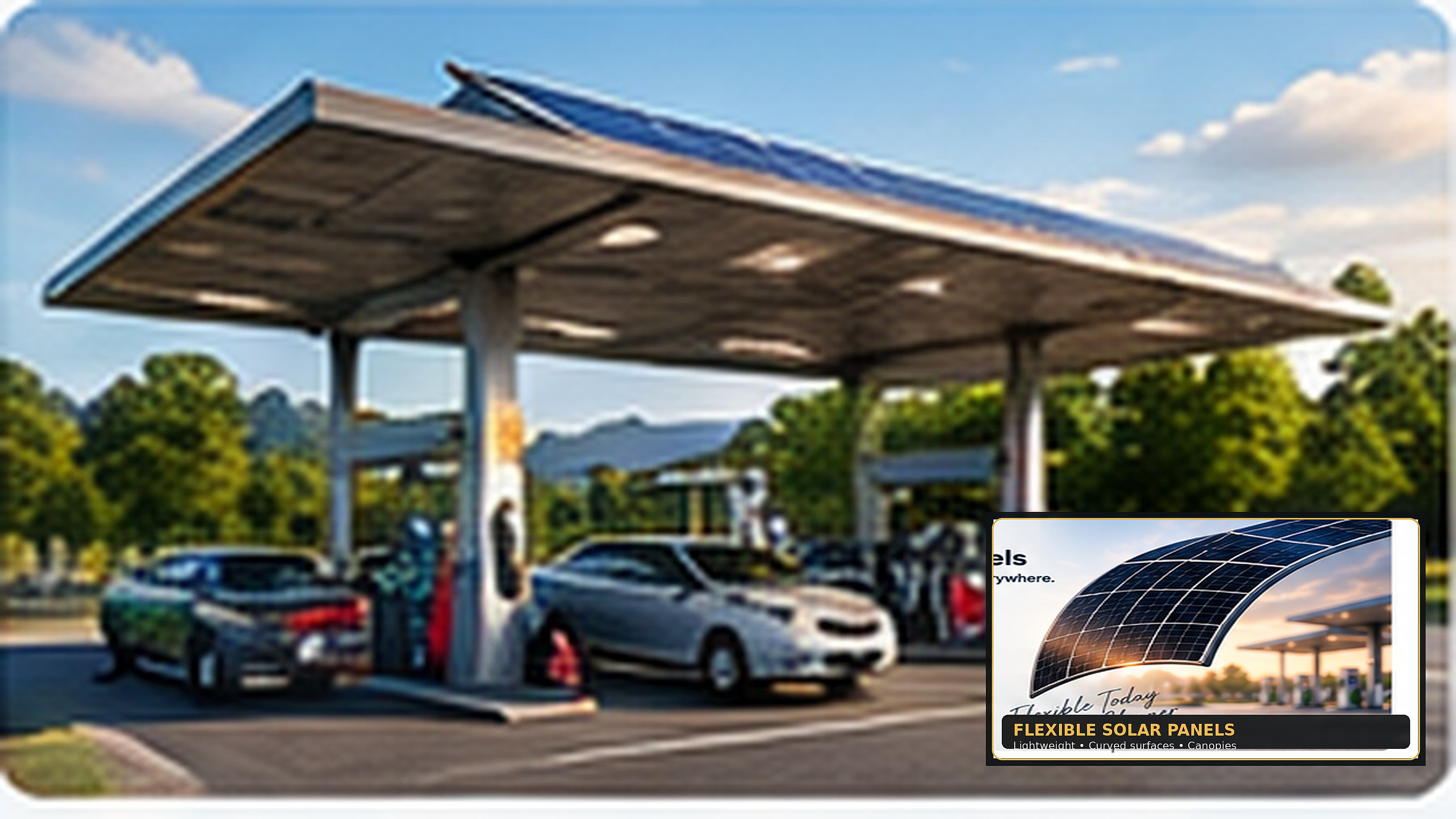 4K AI-generated reference of a highway fuel station with flexible solar canopy